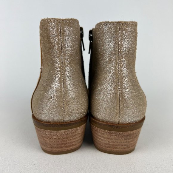 Frye Caden Womens Suede Notched Ankle Bootie Cognac Tan Metallic Heel size 6 - Picture 4 of 16